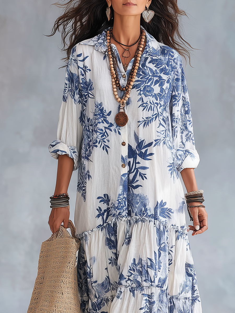 Ulina | Bohemisk Blå Blommig Maxiklänning med Knappar