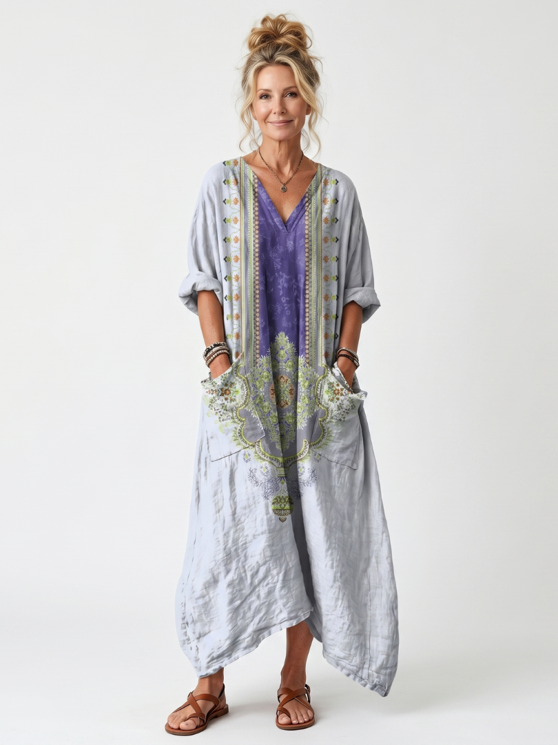 Raina | Broderad Oversized Midiklänning med Fickor
