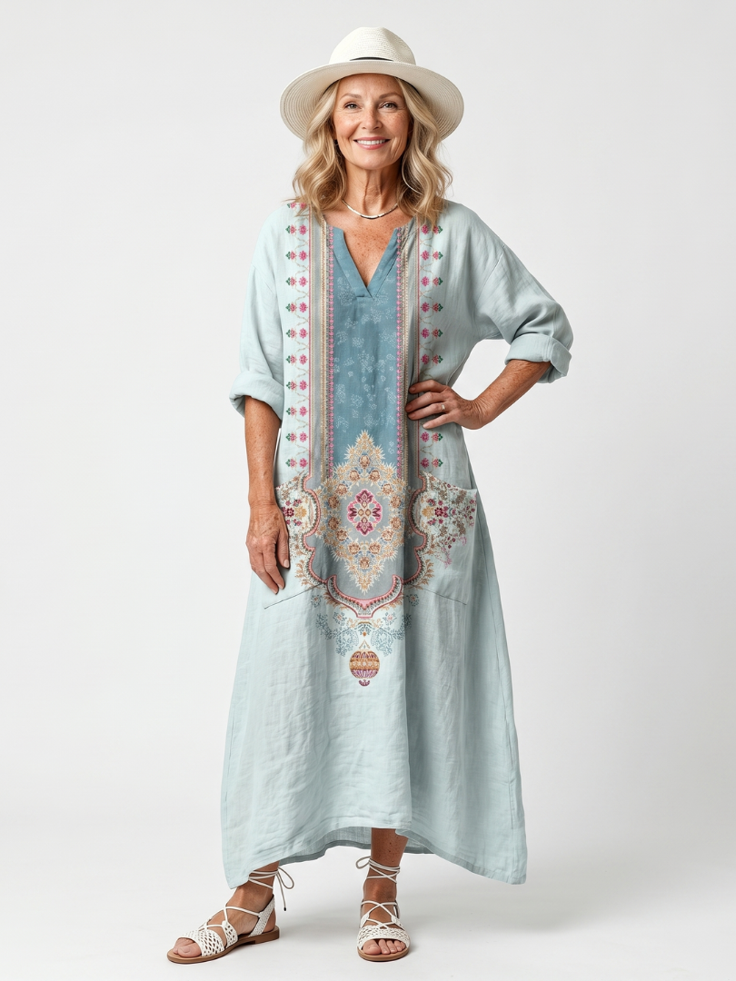 Kassiani | Broderad Oversized Midiklänning med Fickor