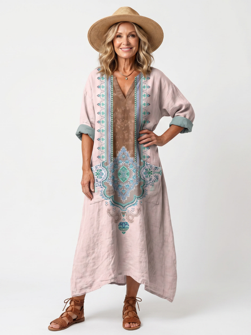 Kenza | Broderad Midiklänning med Fickor