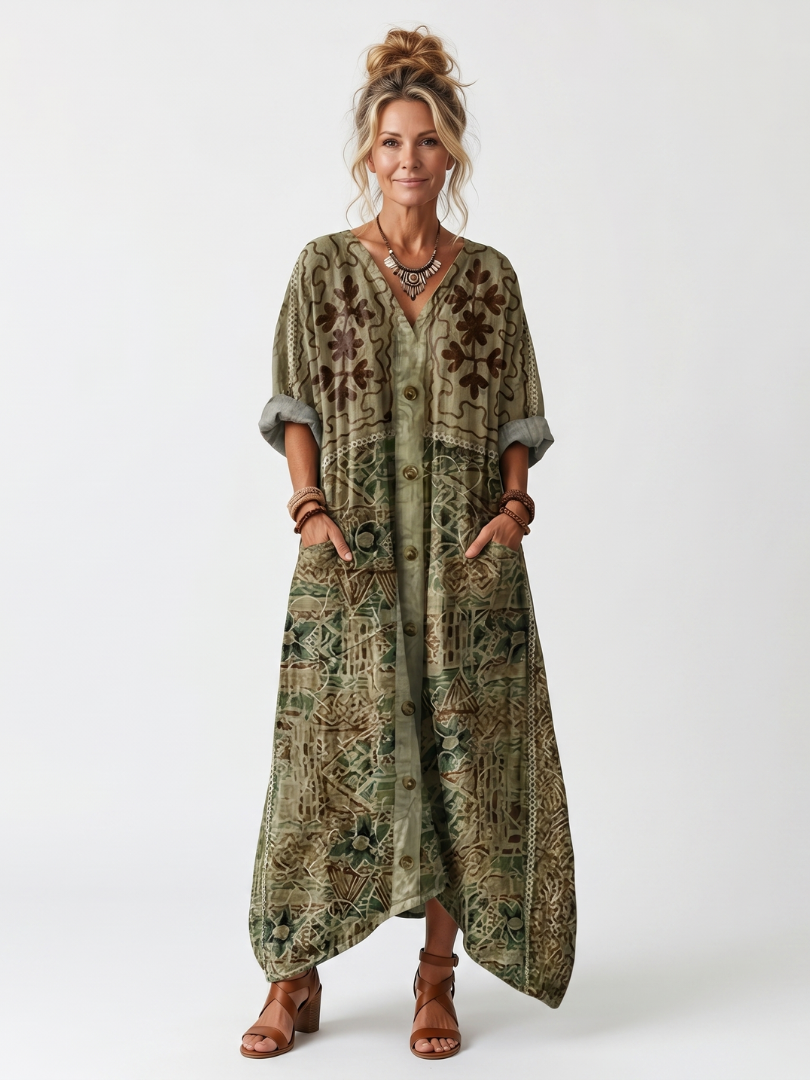 Ariane | Oversized Midiklänning med Knappar och Fickor