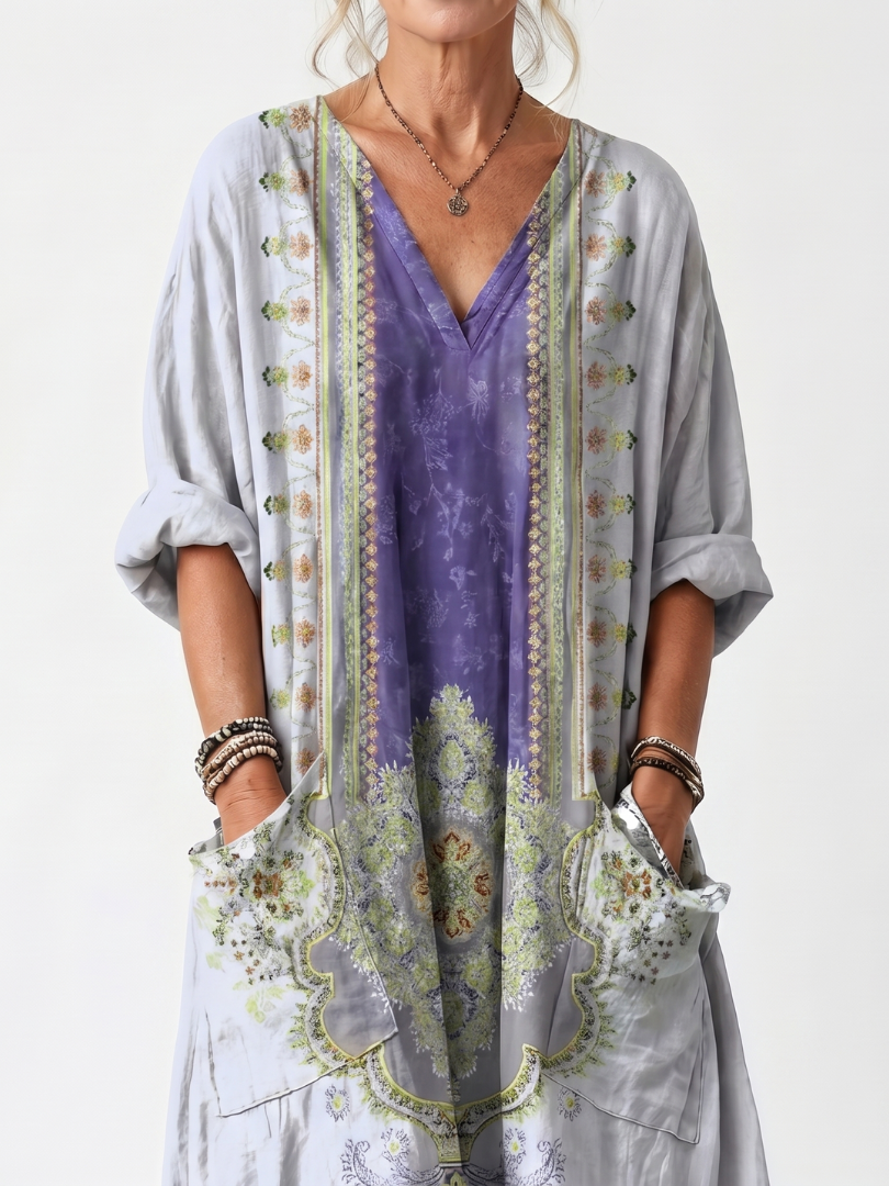 Raina | Broderad Oversized Midiklänning med Fickor