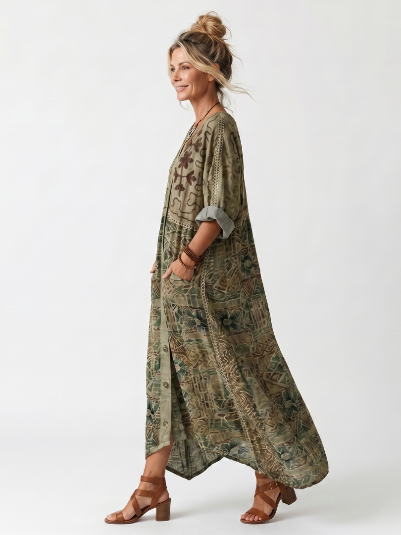 Ariane | Oversized Midiklänning med Knappar och Fickor