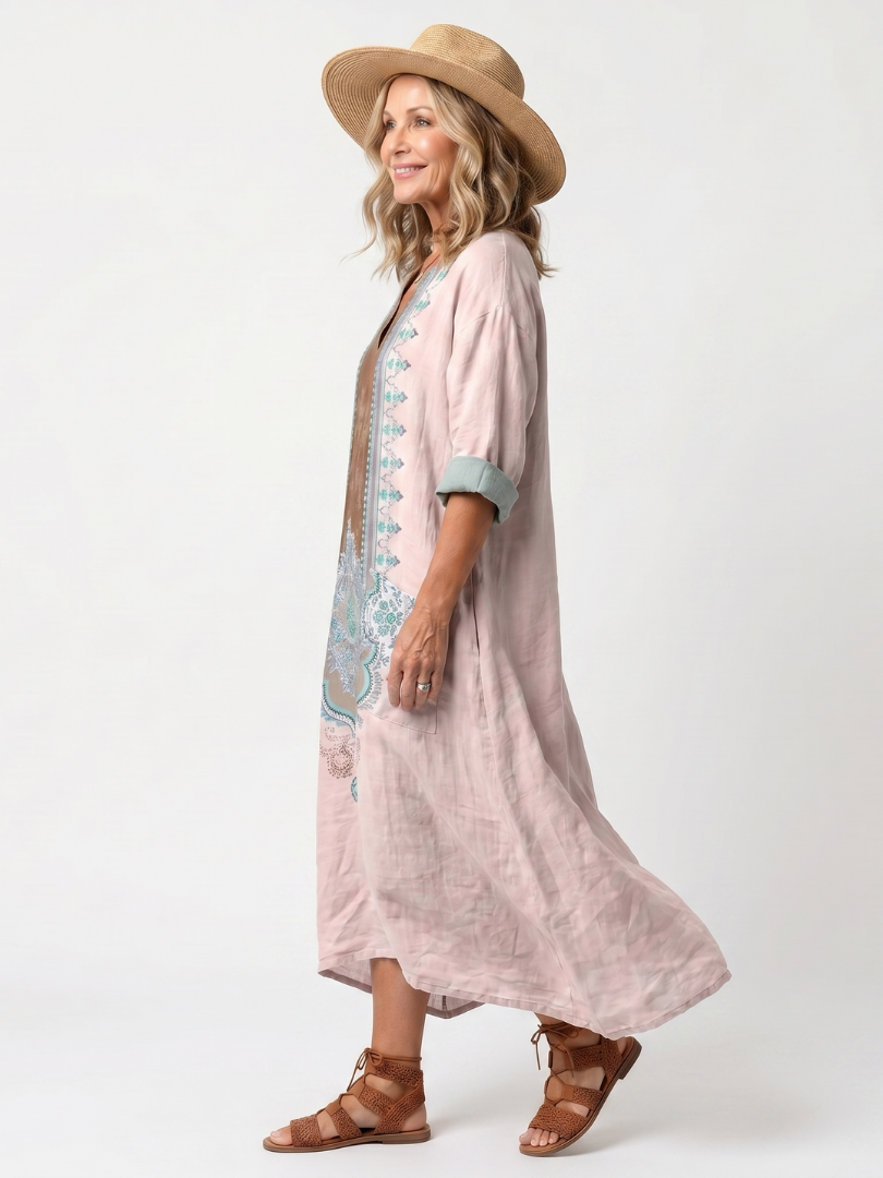 Kenza | Broderad Midiklänning med Fickor