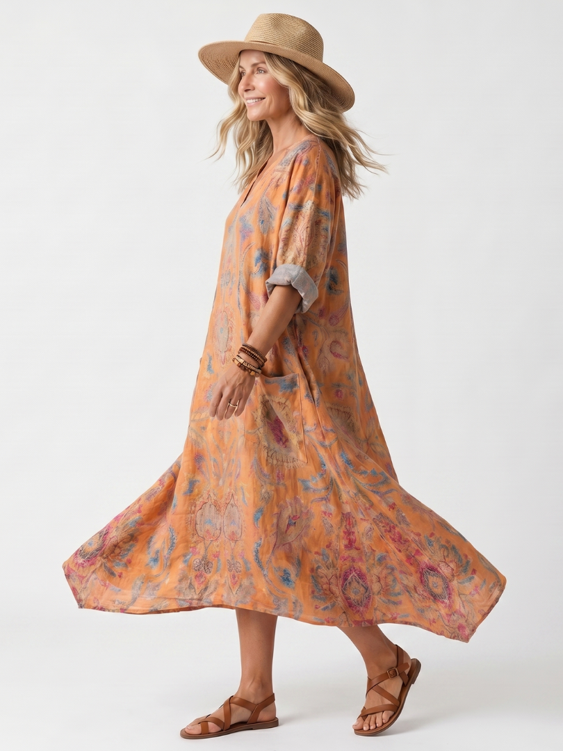 Remi | Mönstrad Oversized Midiklänning med Fickor