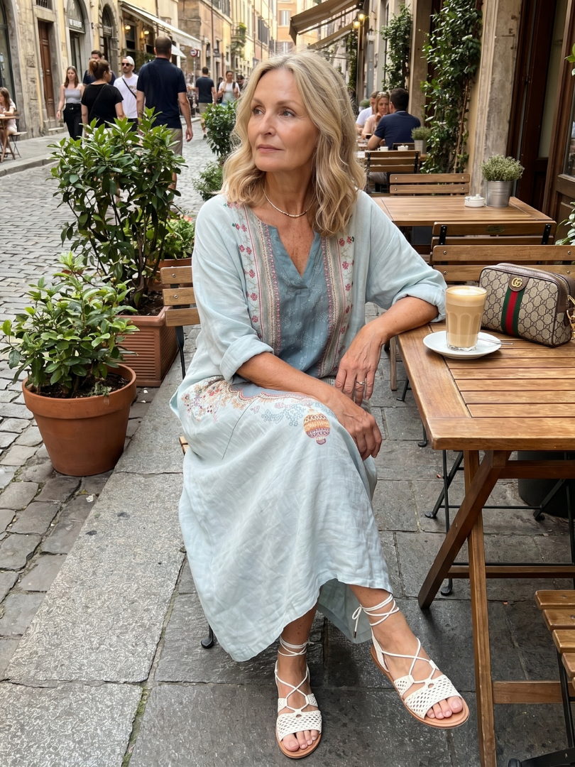 Kassiani | Broderad Oversized Midiklänning med Fickor
