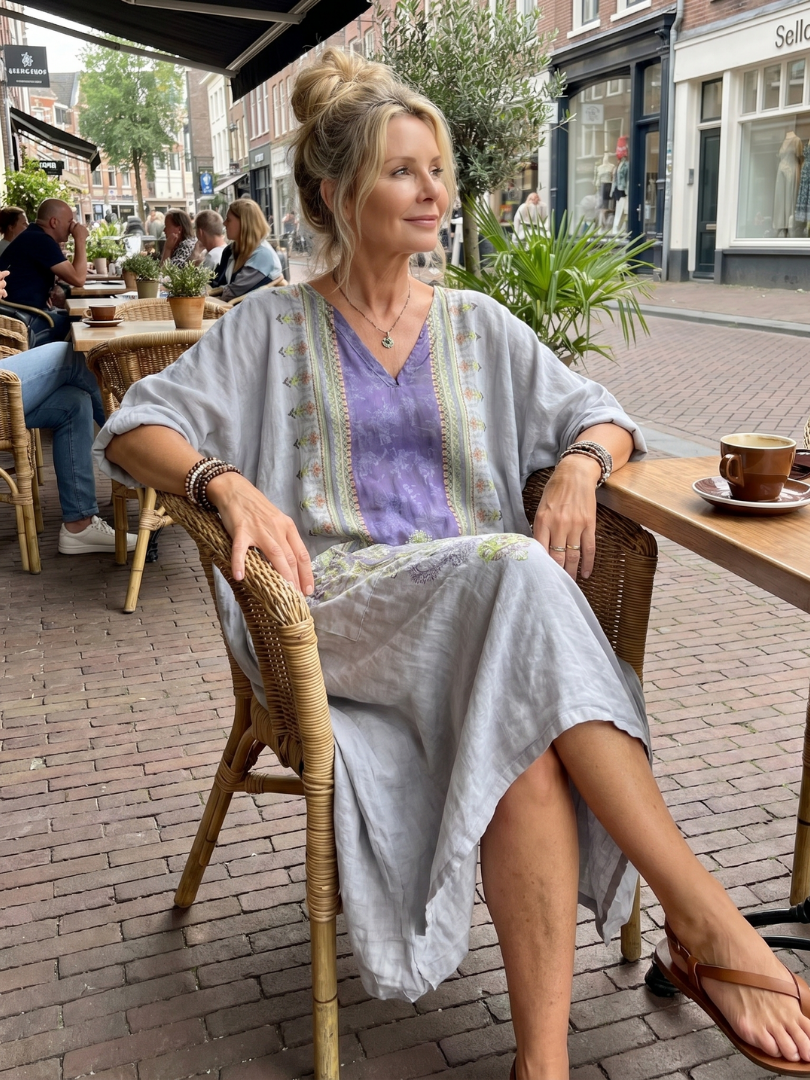 Raina | Broderad Oversized Midiklänning med Fickor