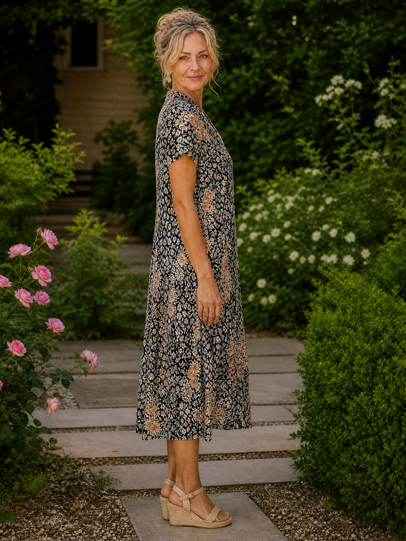 Ellinor | Blommig Kortärmad Midiklänning med Krage