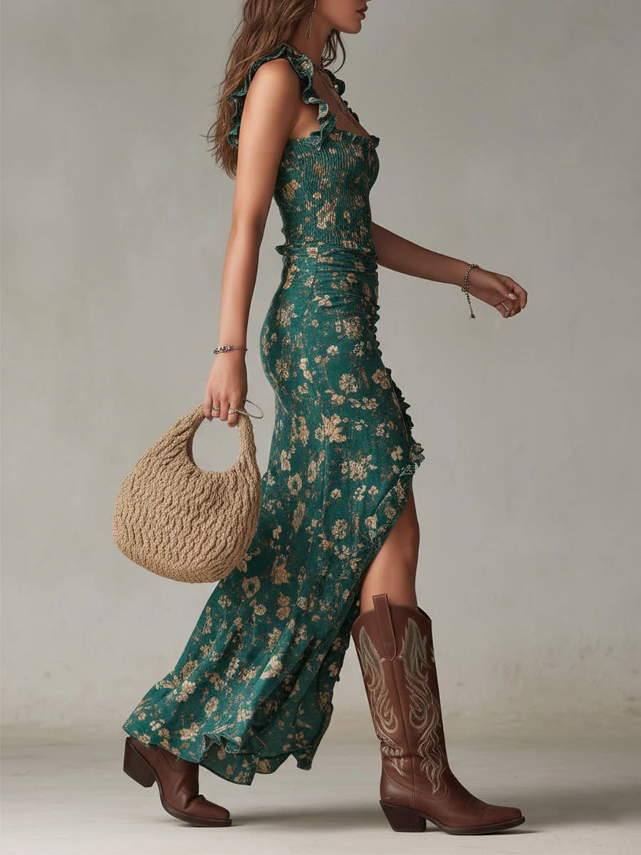 Zara | Bohemisk Blommig Maxiklänning med Sidoslits